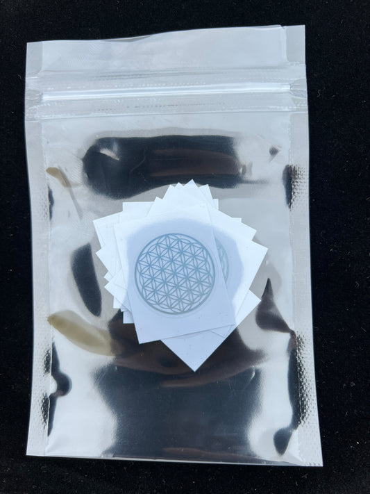 Sacred Flower of Life patches by Sacred Ritual Oils in a resealable silver pouch