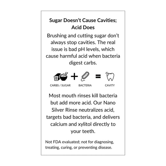 Informational label explaining acid causes cavities and promoting colloidal silver for oral health by Sacred Ritual Oils