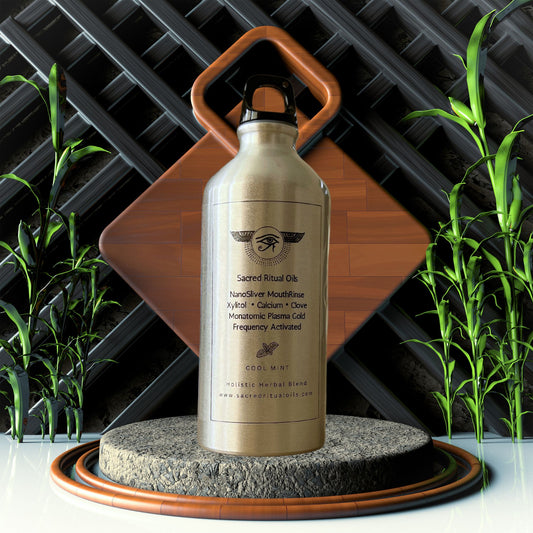 Sacred Ritual Oils metal bottle of colloidal silver for oral health placed on stone platform with bamboo and geometric background