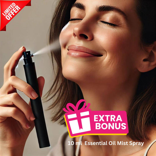 Woman spraying Sacred Ritual Oils 10ml essential oil mist with green caviar skincare serum