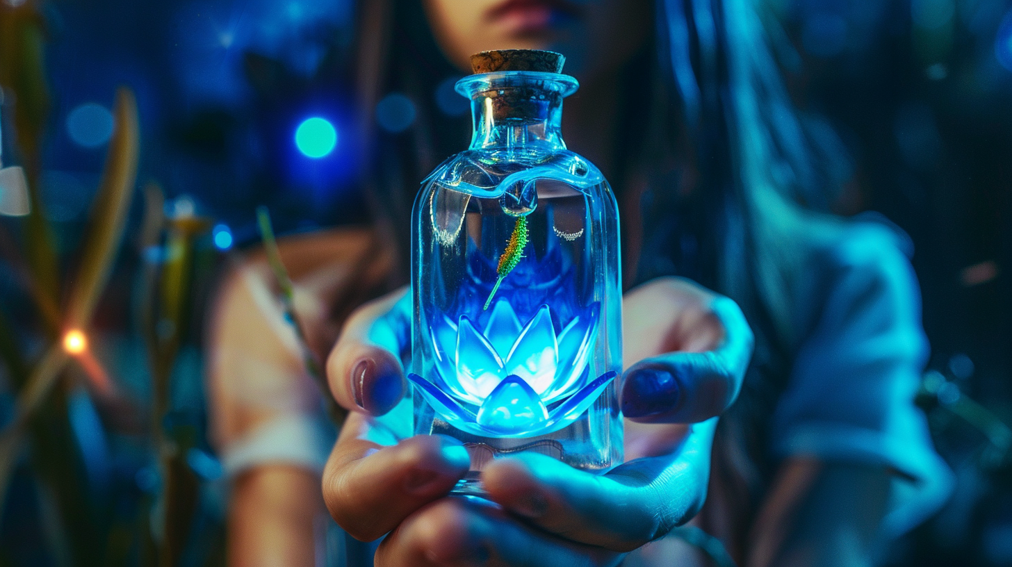 Person holding a glowing glass bottle of luxury skincare oils with a lotus flower design inside