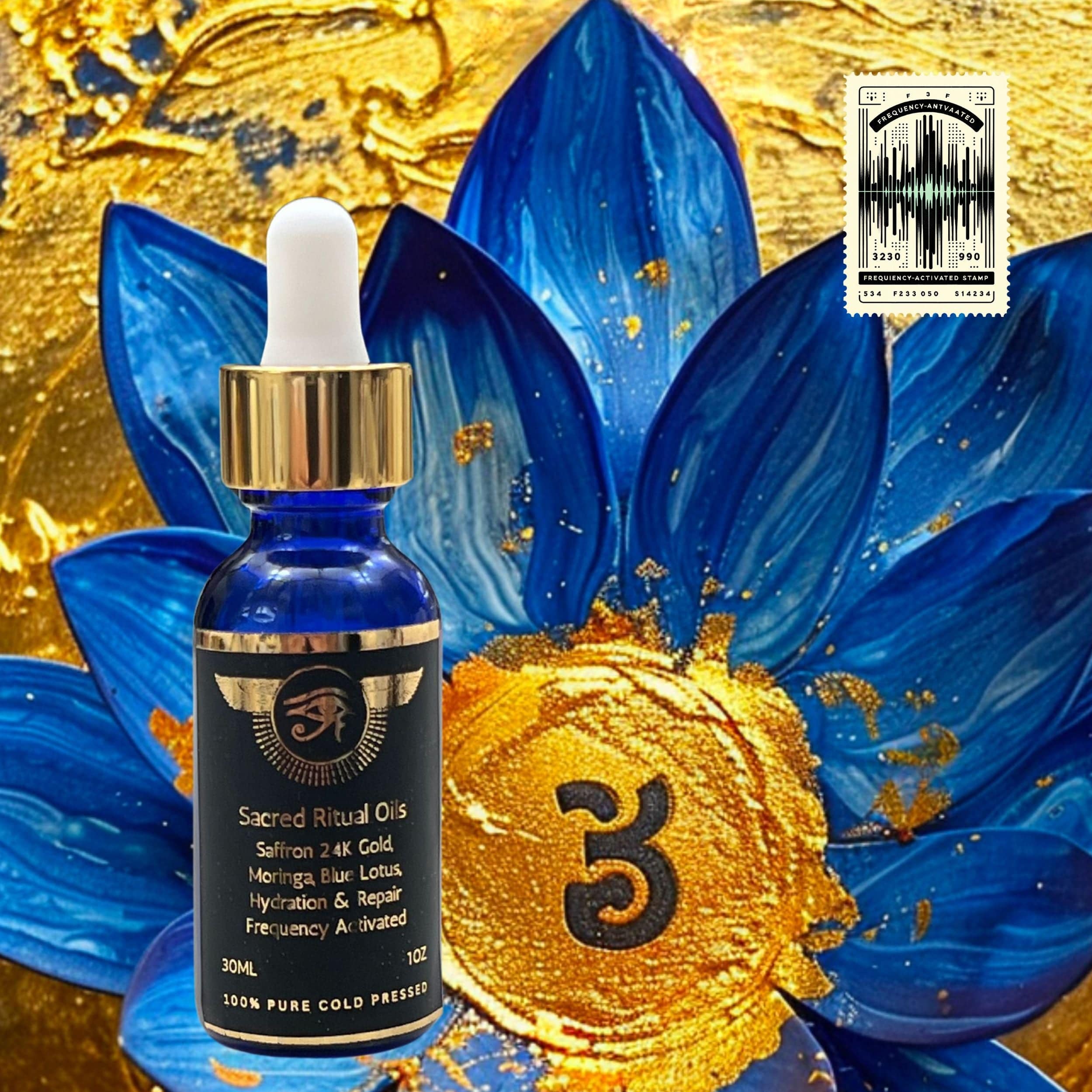 Sacred Ritual Oils Blue Lotus Third Eye Activation essential oil bottle with gold and blue lotus background