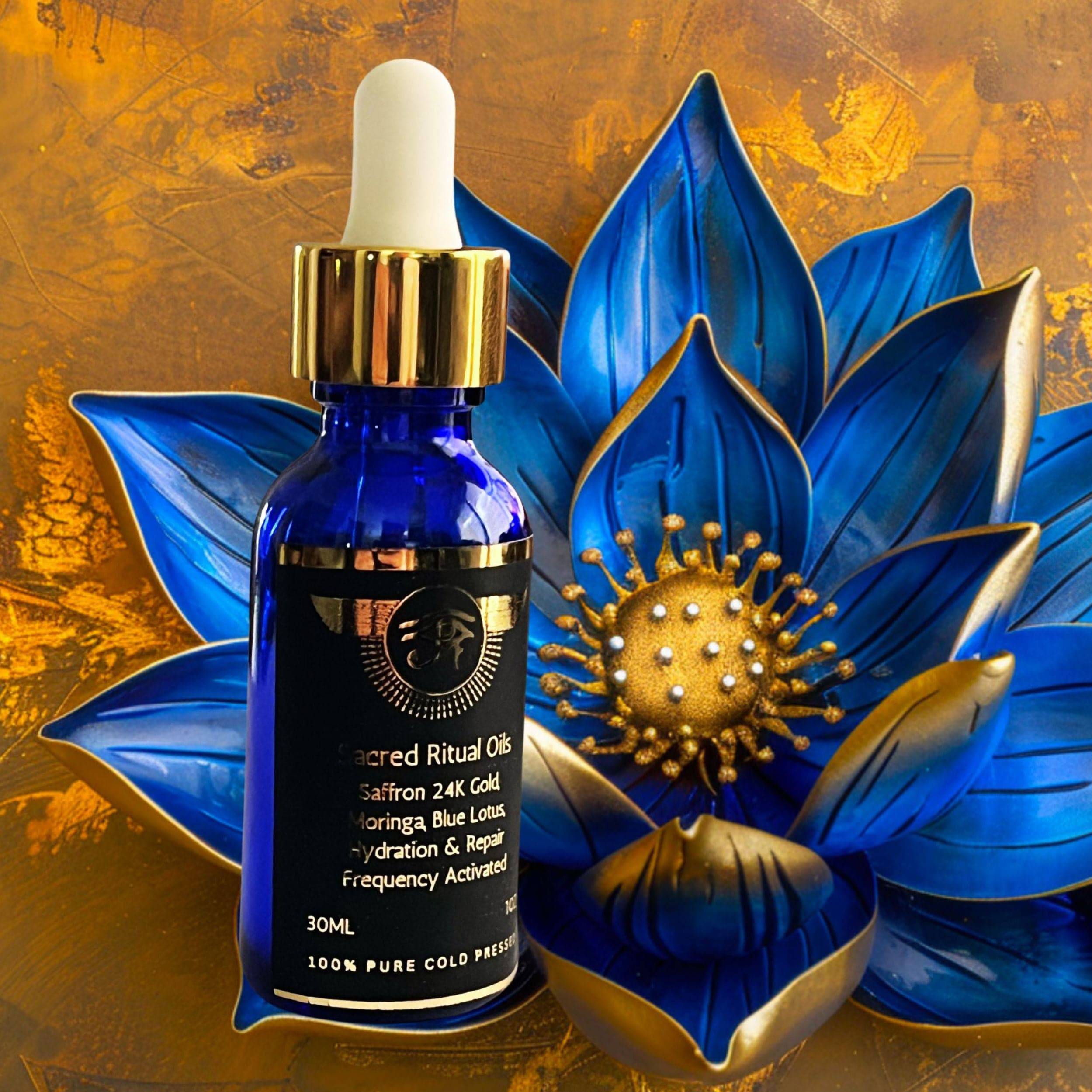 Sacred Ritual Oils Blue Lotus Third Eye Activation essential oil bottle with blue lotus flower background