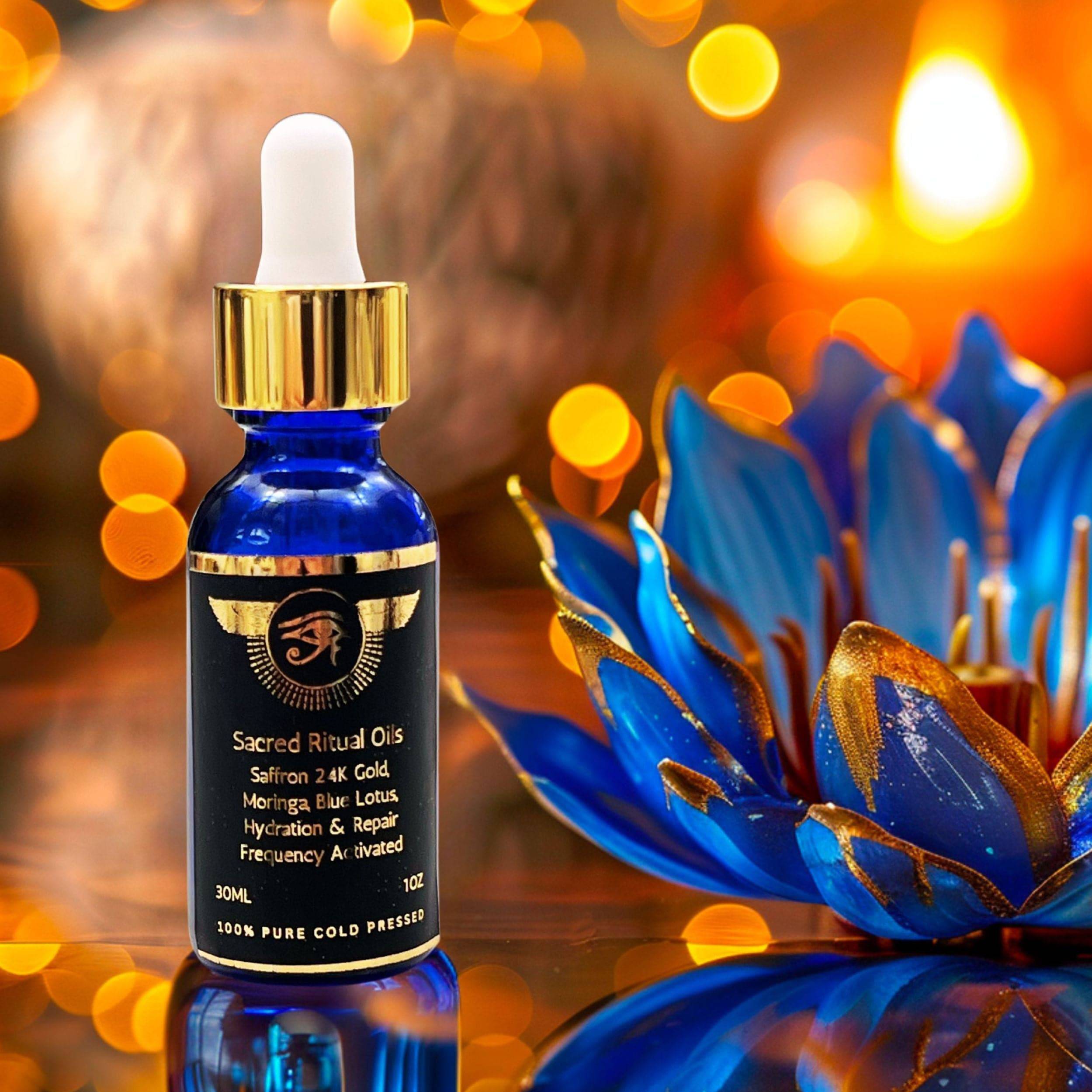 Sacred Ritual Oils Blue Lotus Third Eye Activation essential oil bottle with gold accents beside blue lotus flower
