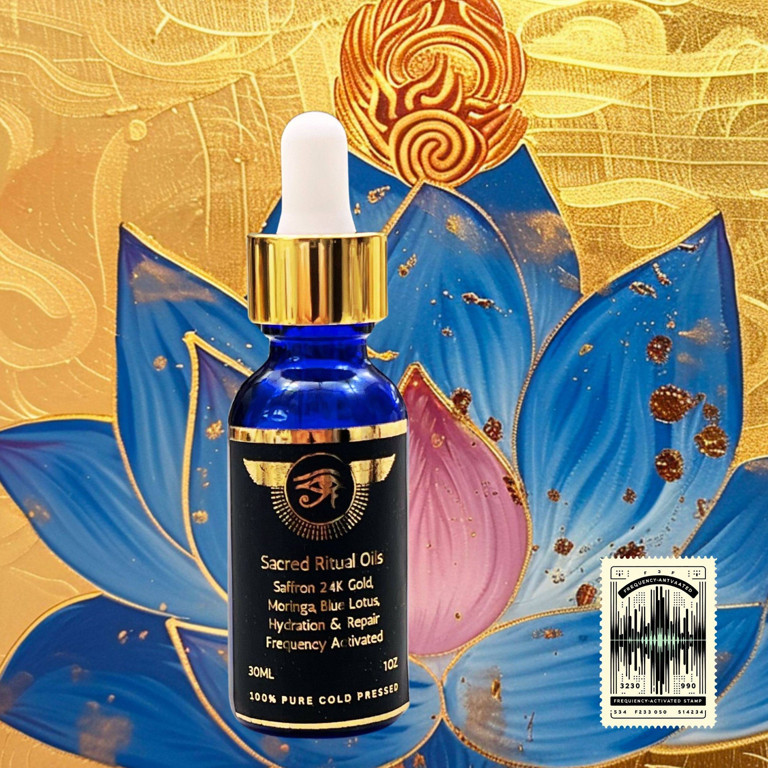 Sacred Ritual Oils Blue Lotus Third Eye Activation essential oil bottle with gold and blue label on blue lotus background
