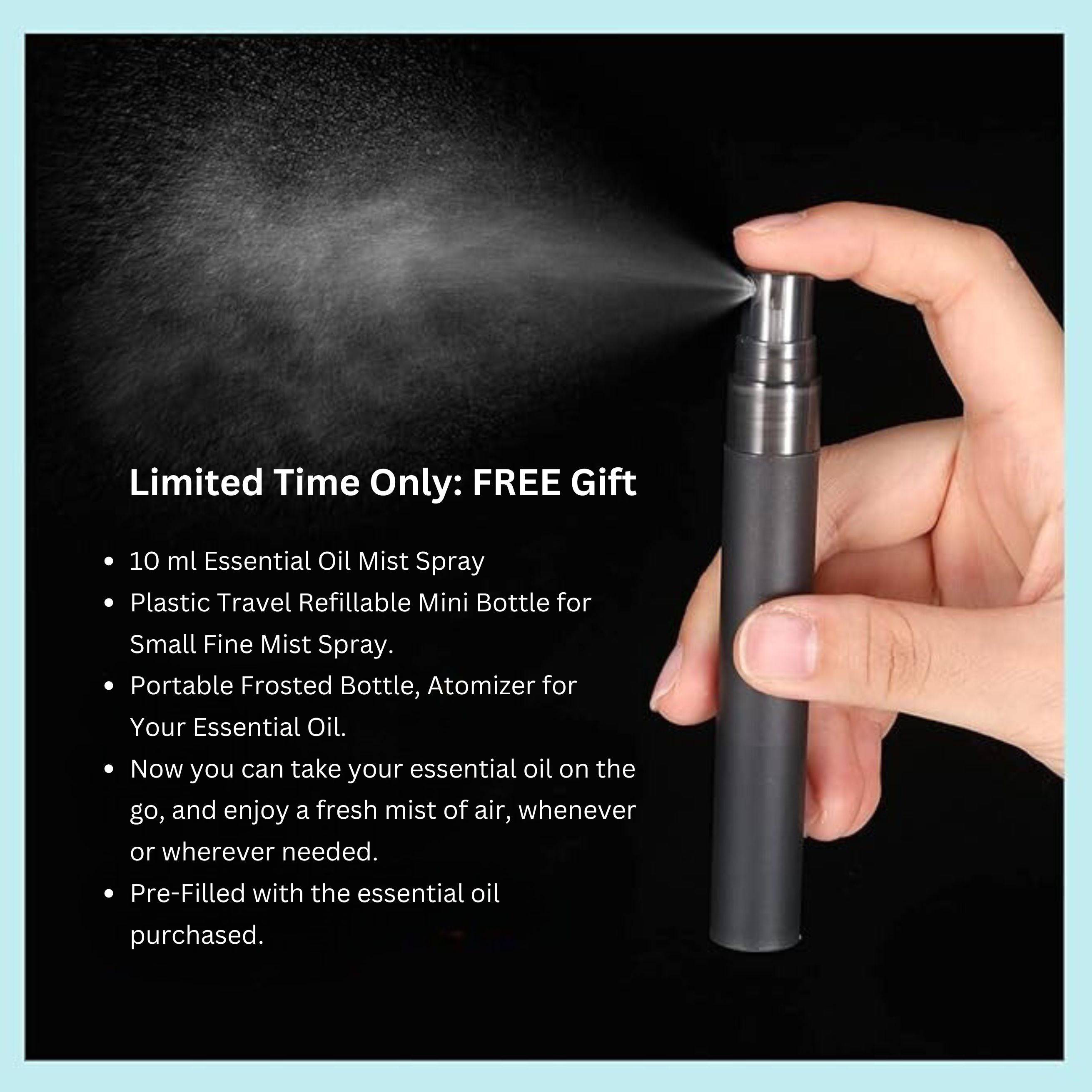 Hand spraying essential oil mist from a portable frosted bottle for green caviar skincare serum