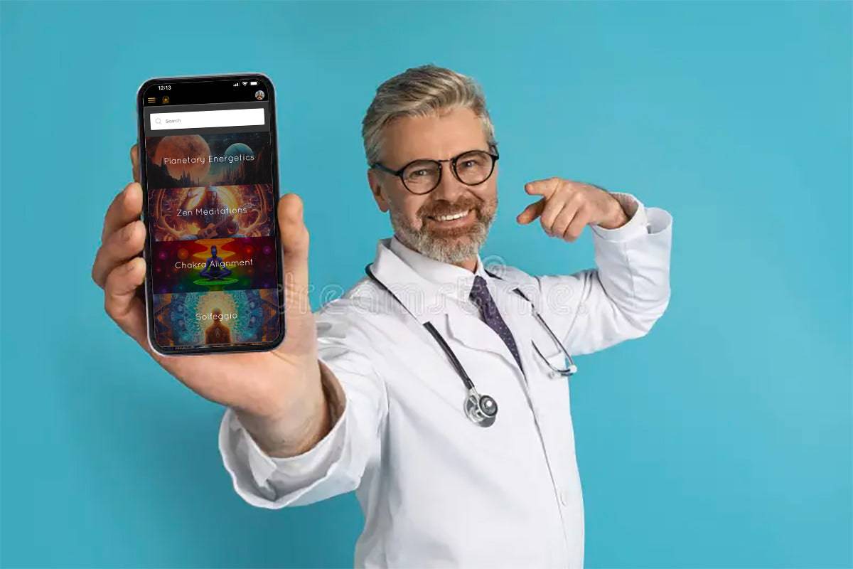 Doctor in white coat holding smartphone showing frequency healing app by PEMF HEALING on blue background