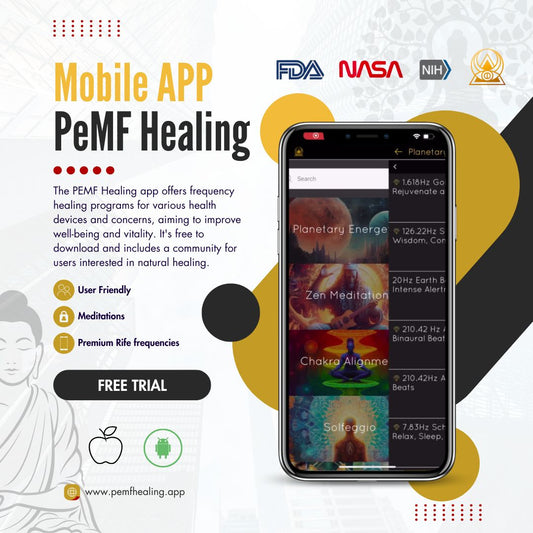 PEMF Healing frequency healing app interface on smartphone showing meditation and energy programs
