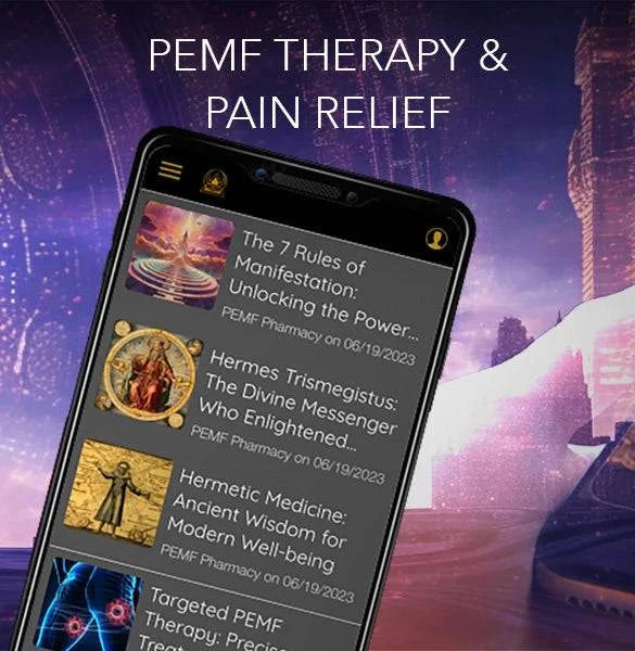 PEMF Healing frequency healing app on smartphone screen showing therapy and pain relief content