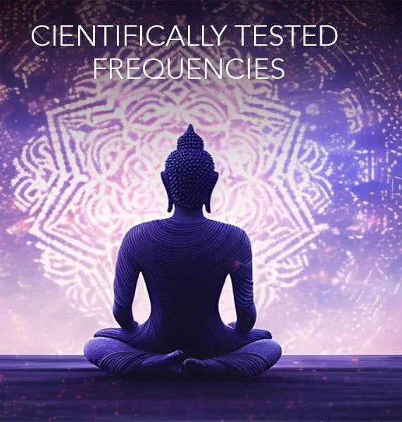 PEMF HEALING frequency healing app featuring a meditating figure with scientifically tested frequencies background