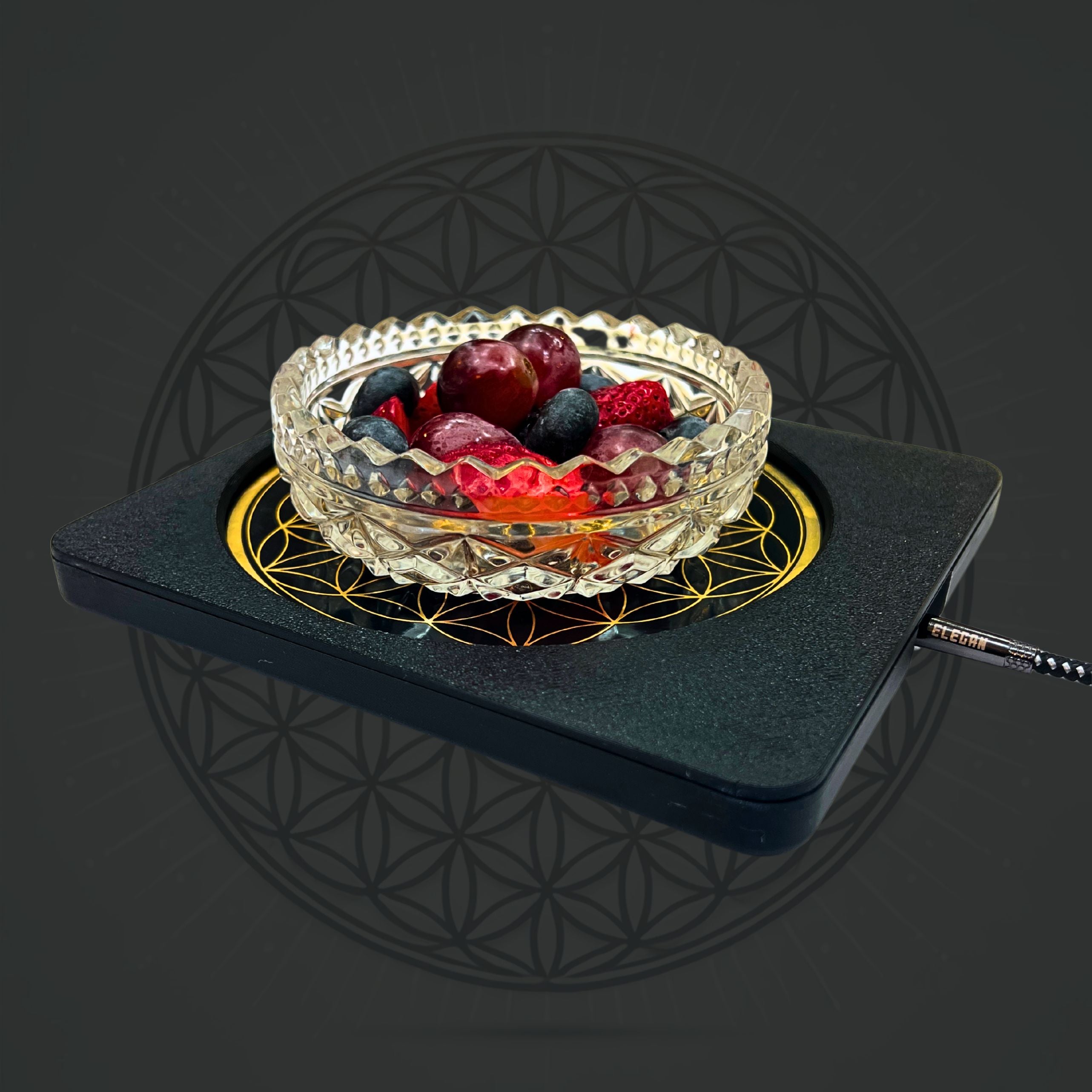 Metatronic Flower of Life Frequency Imprinter by Sacred Ritual Oils with glass bowl of berries