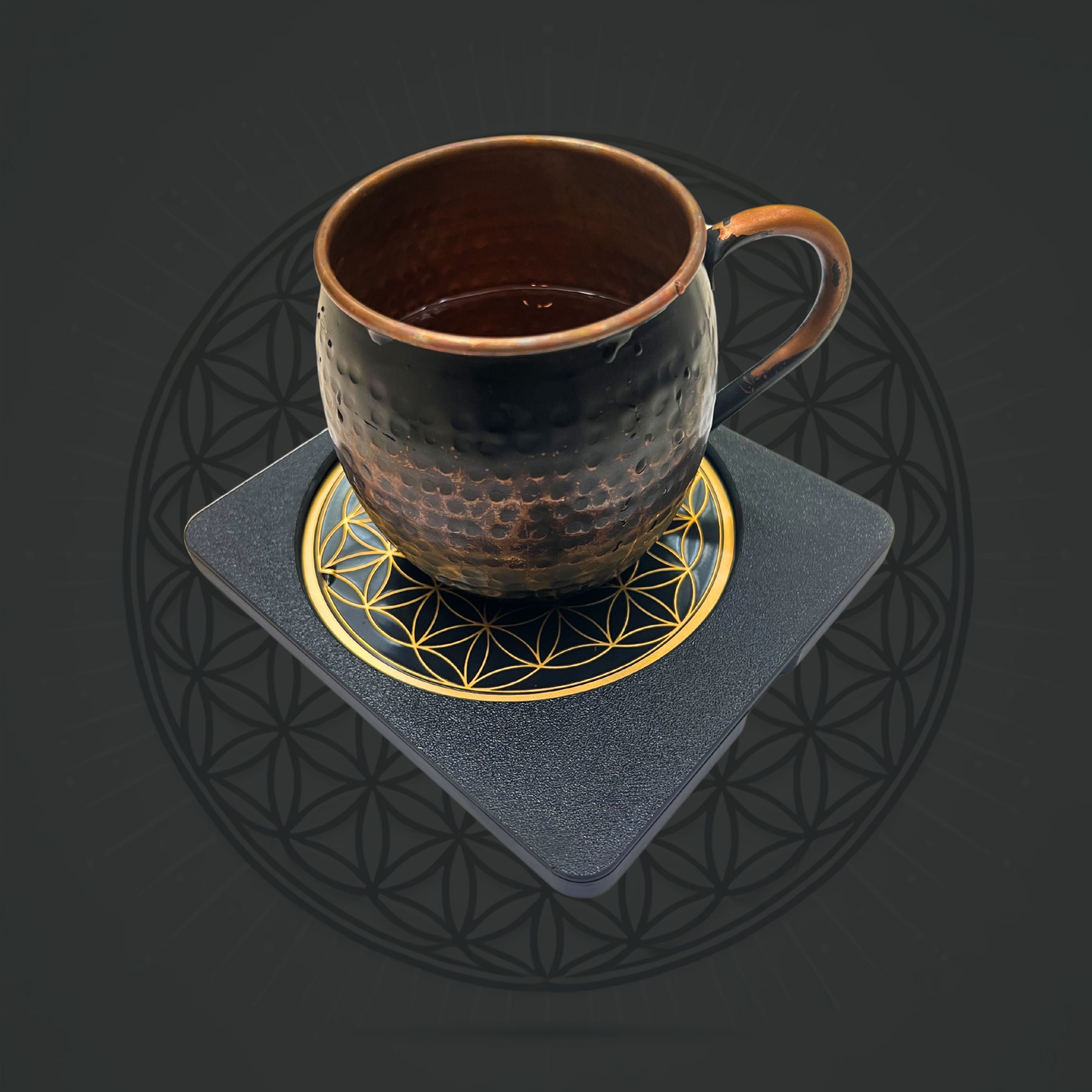 Sacred Ritual Oils Metatronic Flower of Life Frequency Imprinter with hammered copper mug on top