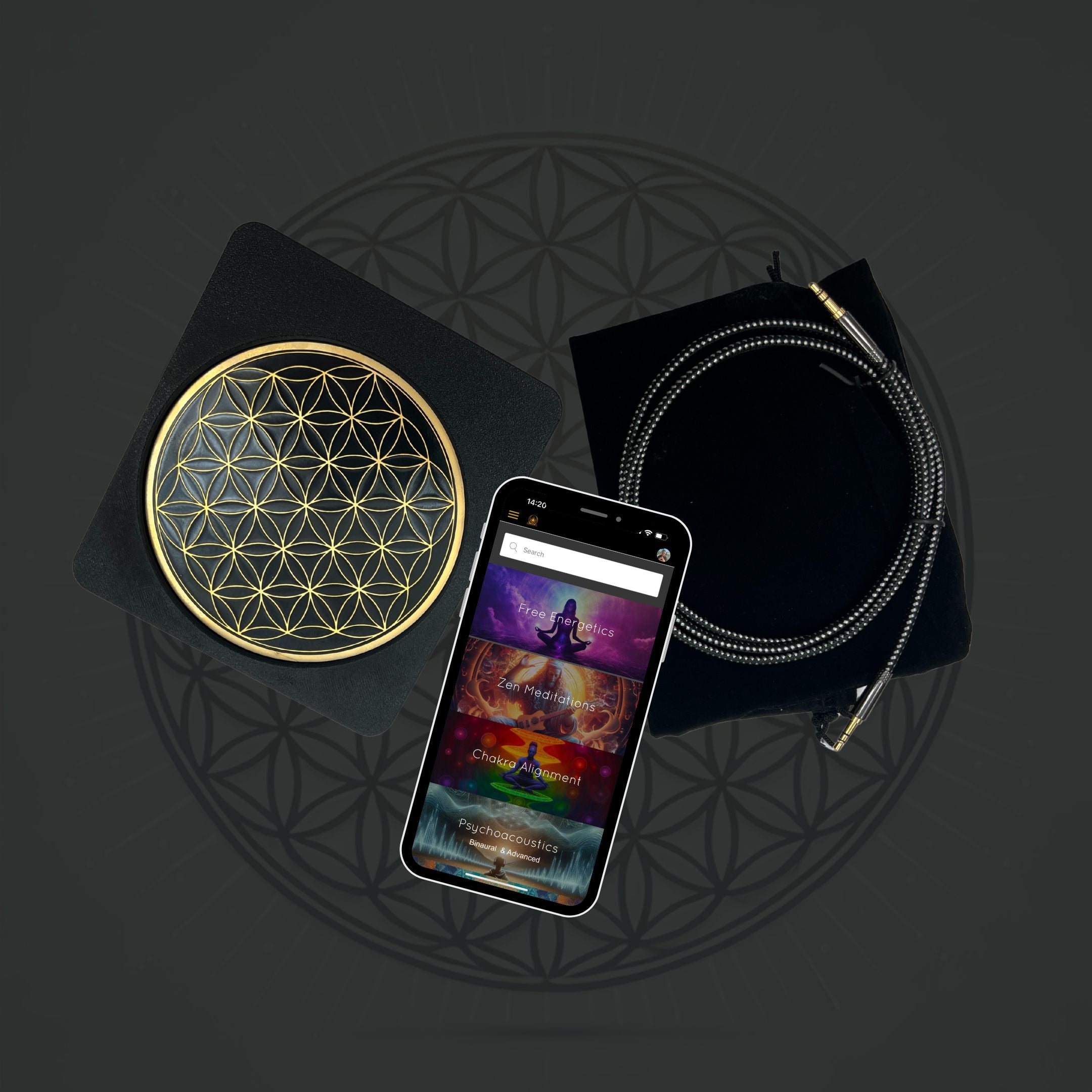 Sacred Ritual Oils Metatronic Flower of Life Frequency Imprinter with gold design, smartphone app, and connection cable