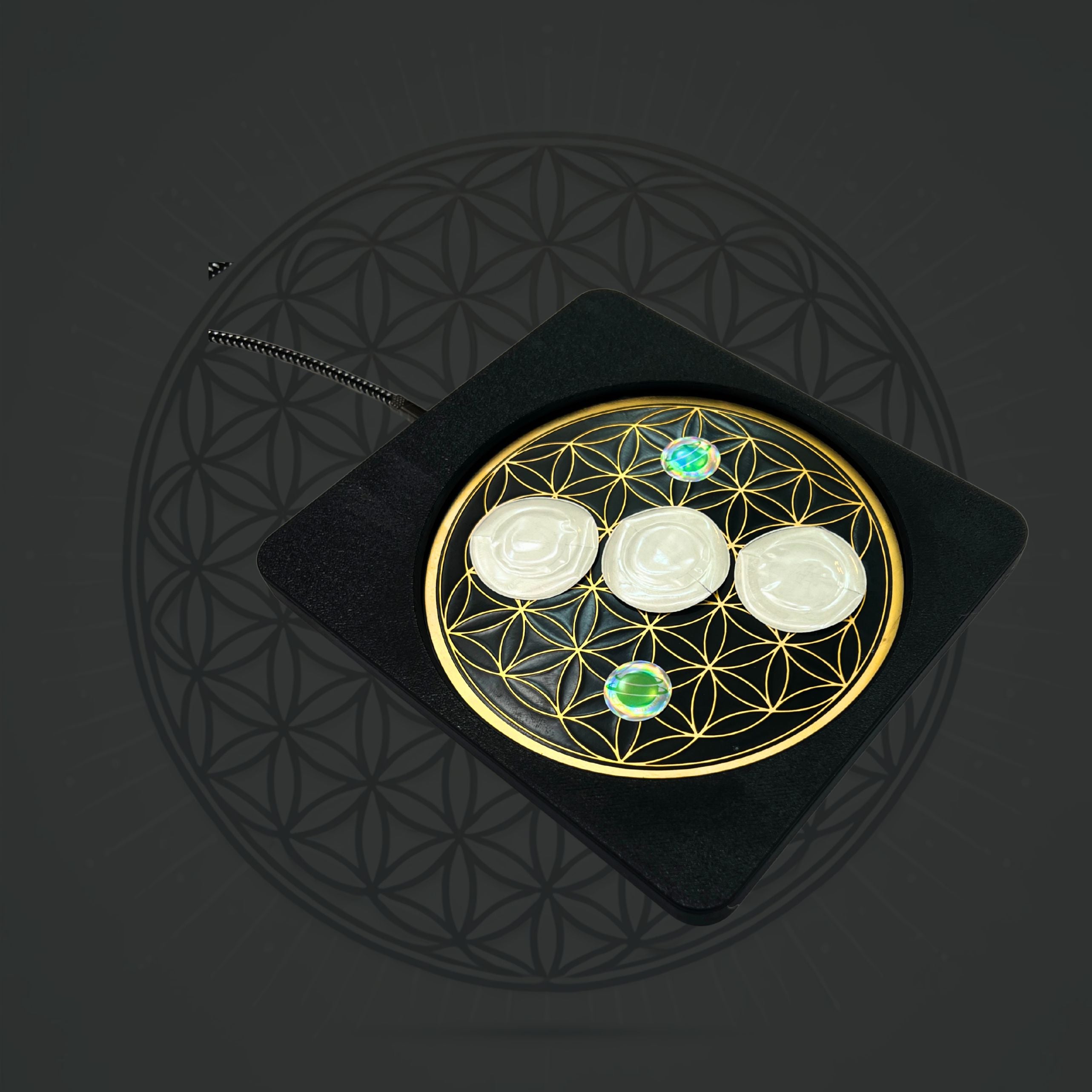 Metatronic Flower of Life Frequency Imprinter by Sacred Ritual Oils with gold geometric design and crystals