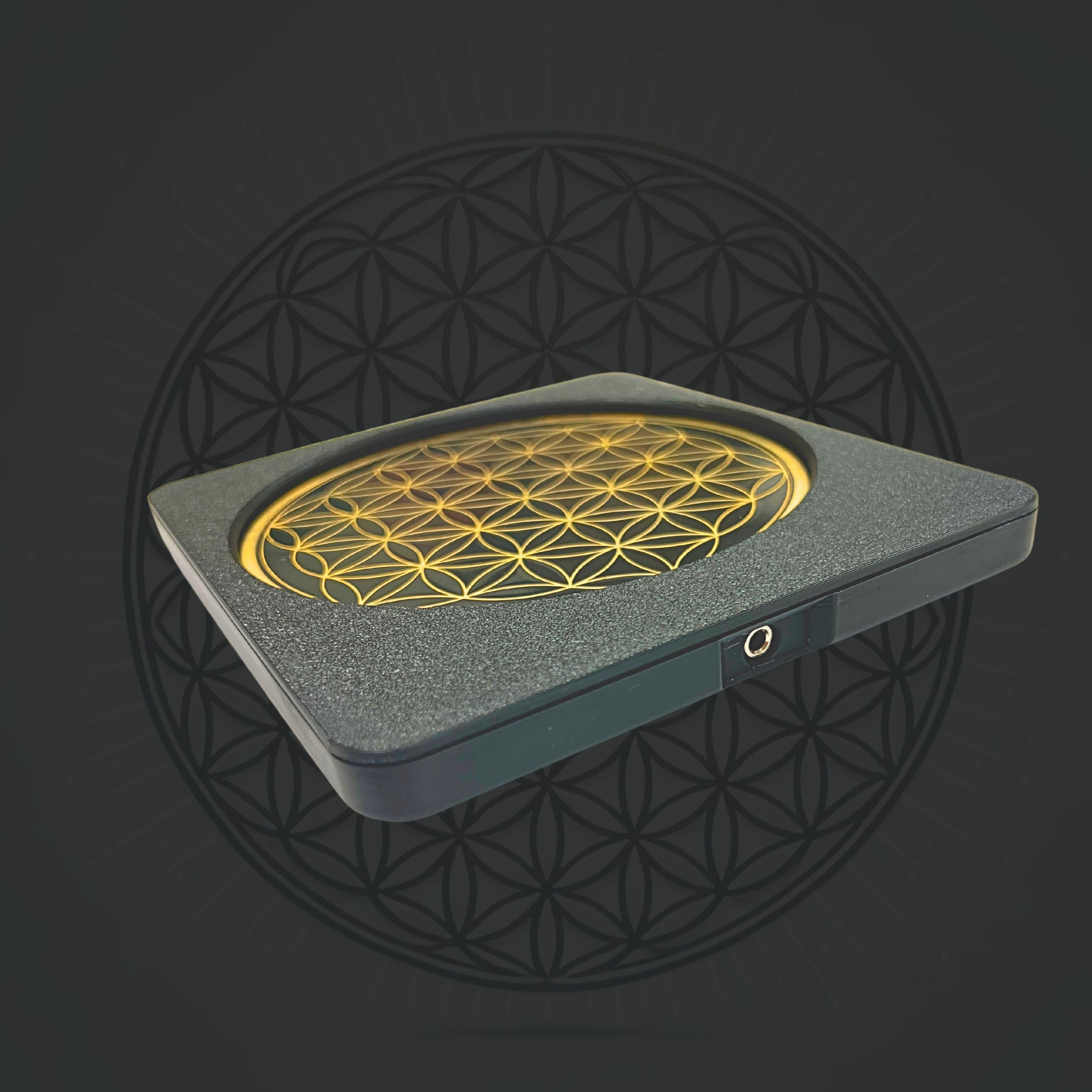Sacred Ritual Oils Metatronic Flower of Life Frequency Imprinter with gold geometric design