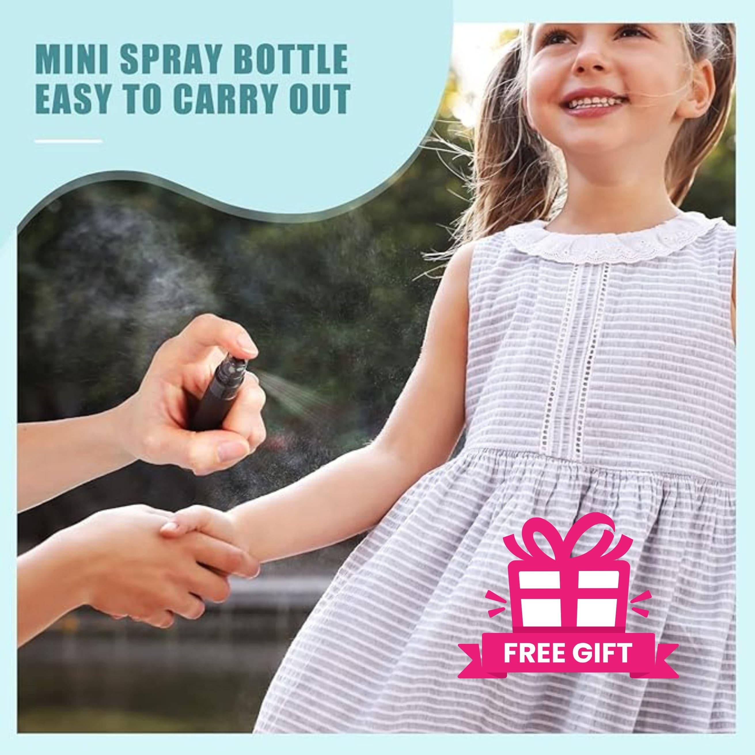 Mini spray bottle easy to carry out shown spraying on a young girl with green caviar skincare serum