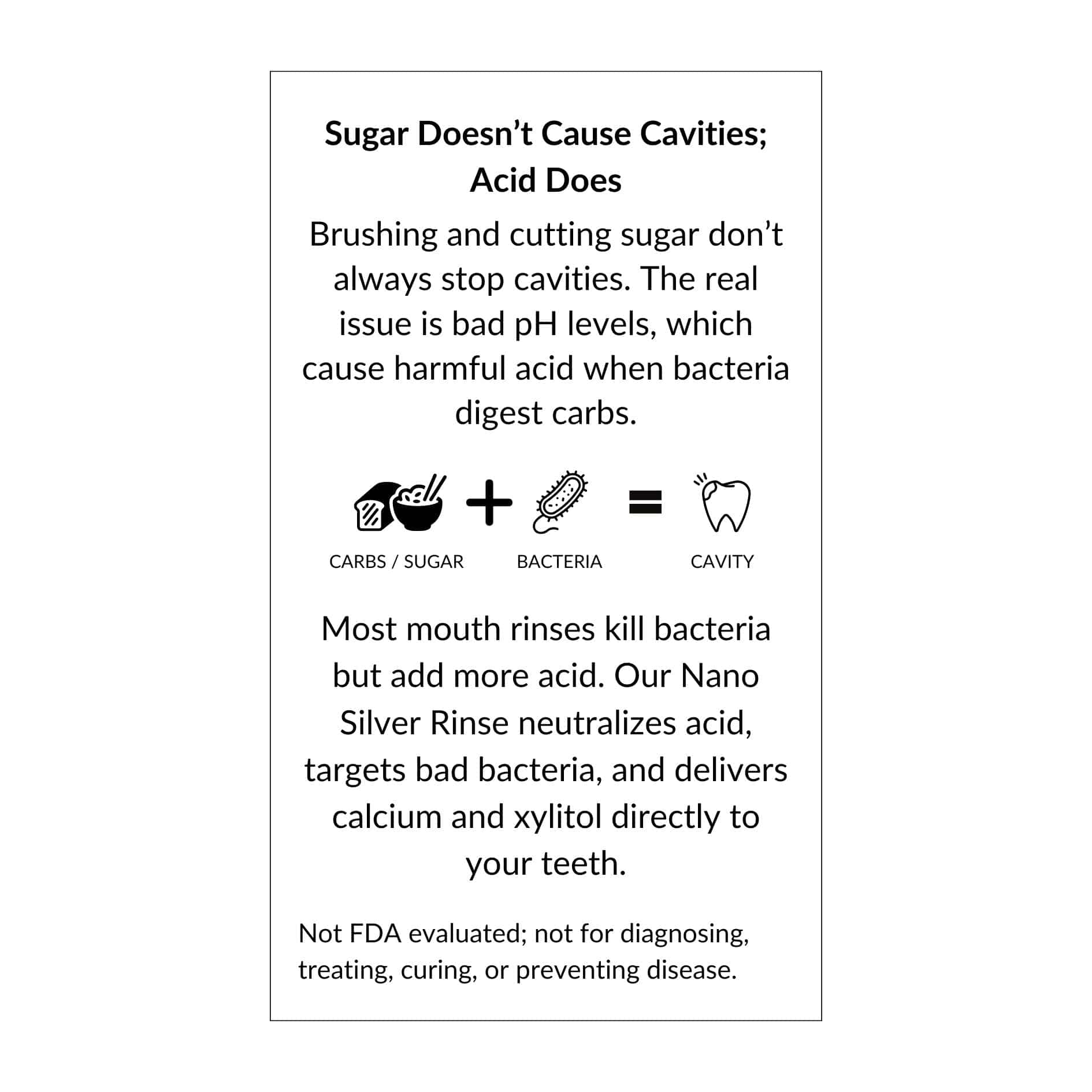 Informational label explaining acid causes cavities and promoting colloidal silver for oral health by Sacred Ritual Oils