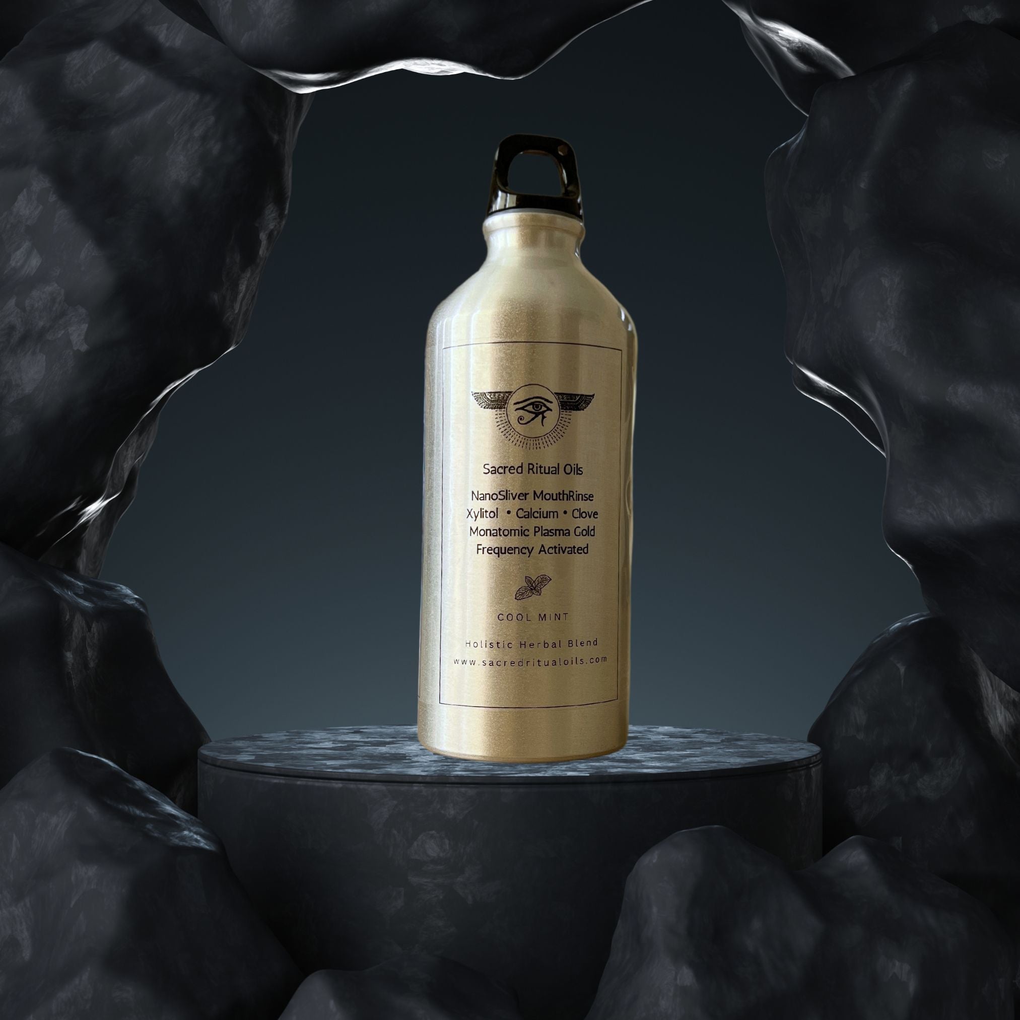 Sacred Ritual Oils gold bottle of colloidal silver for oral health on black rock background