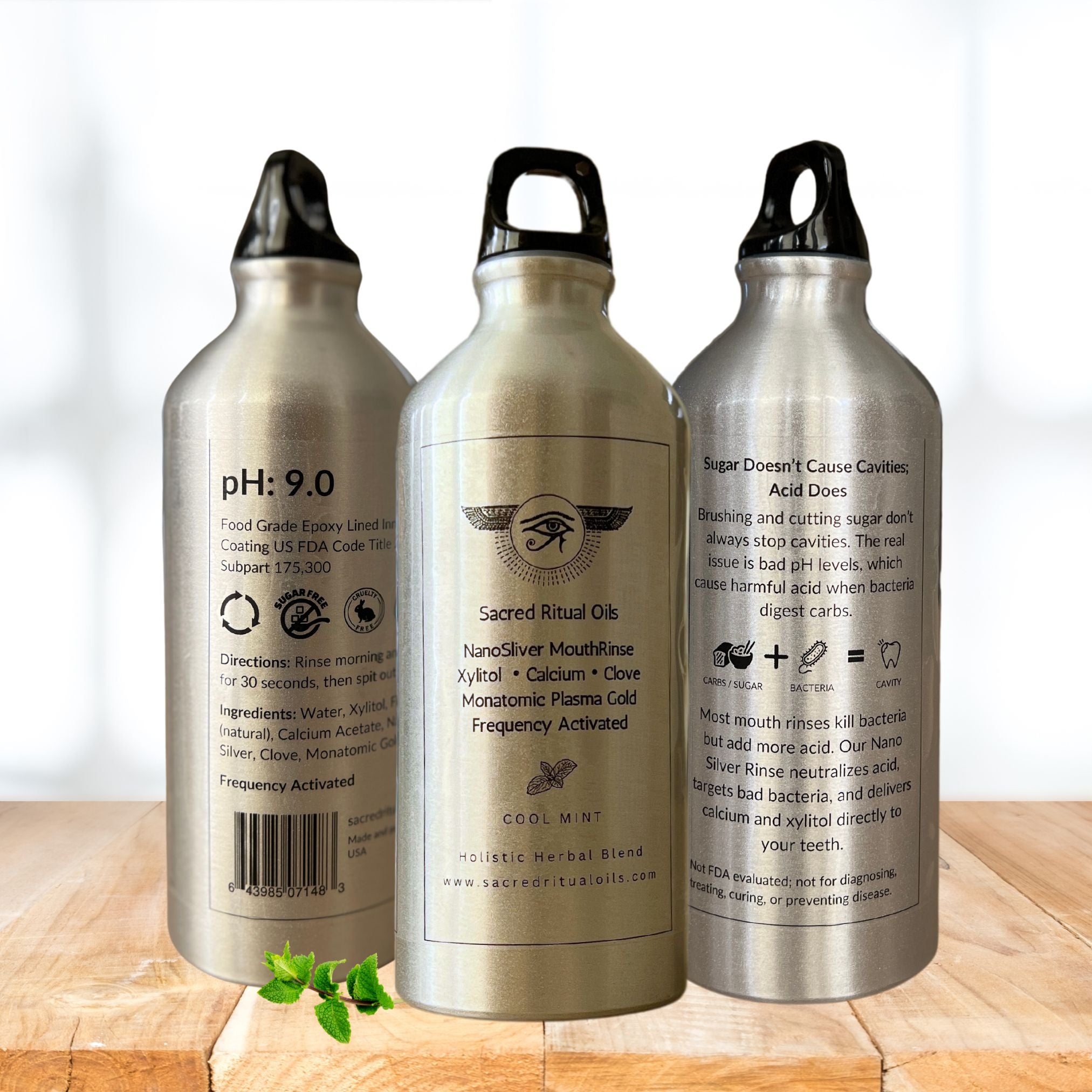 Sacred Ritual Oils NanoSilver MouthRinse bottles featuring colloidal silver for oral health and natural ingredients