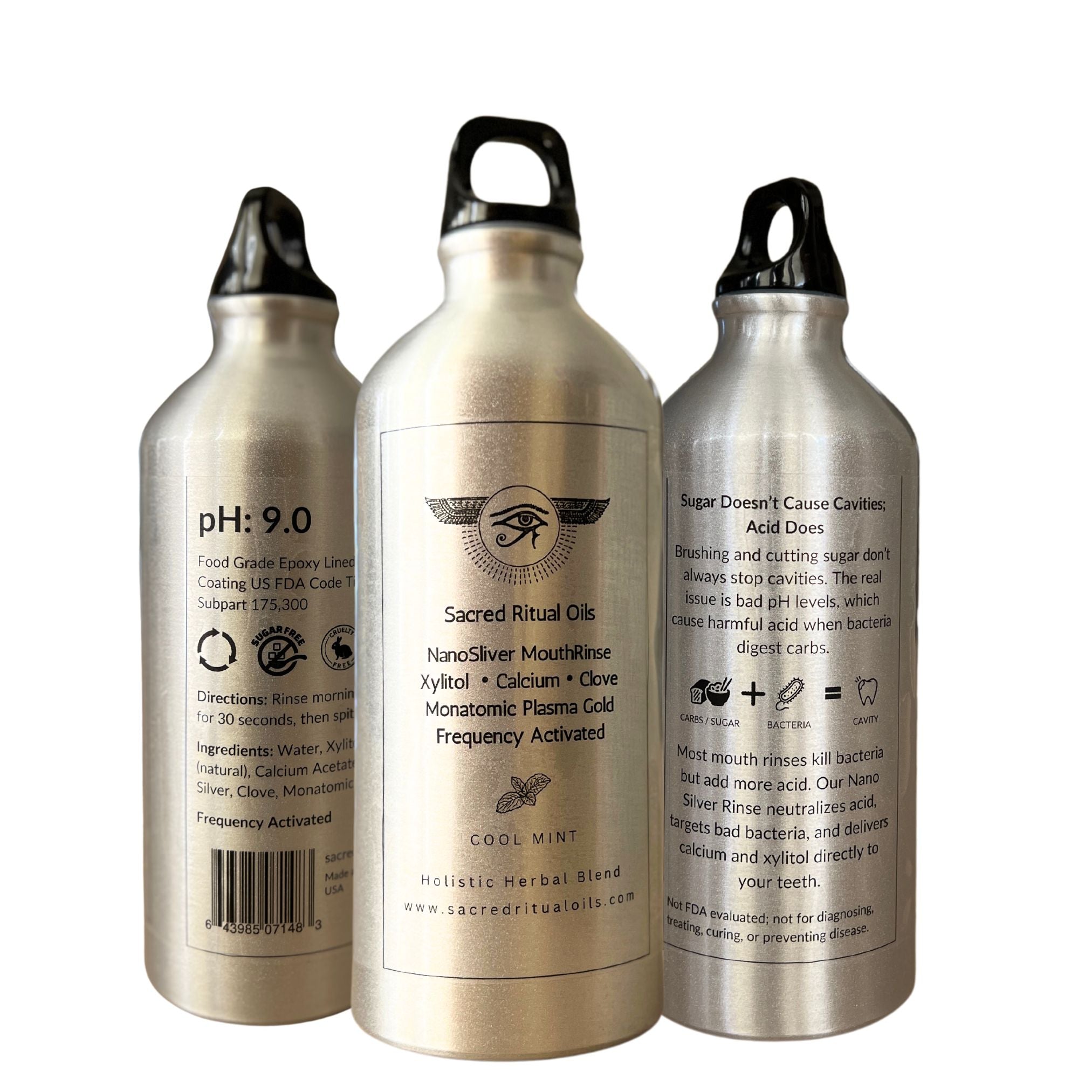 Sacred Ritual Oils colloidal silver for oral health nano silver mouth rinse in silver bottles with black caps