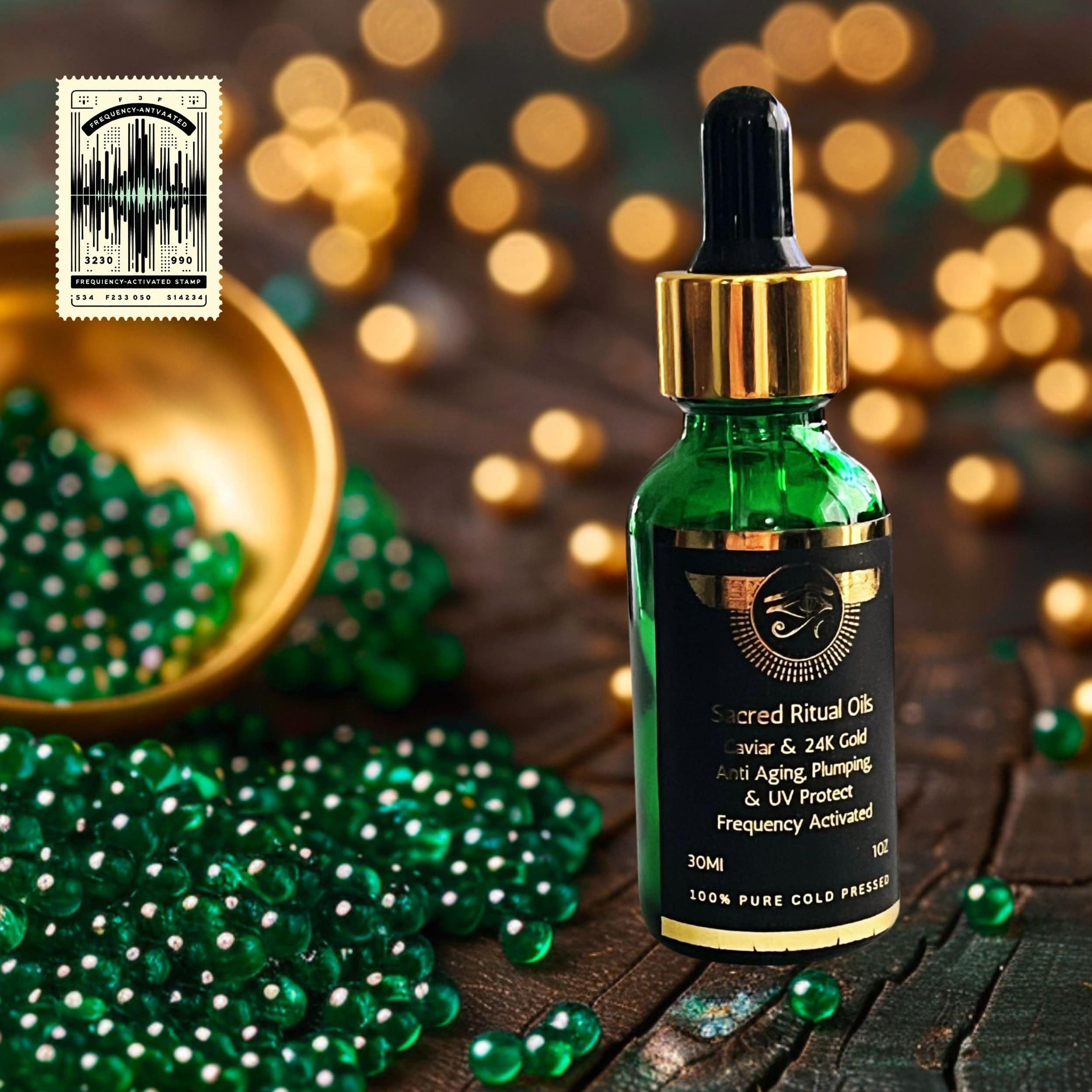 Sacred Ritual Oils green caviar skincare serum in green glass bottle with gold dropper and scattered green caviar beads