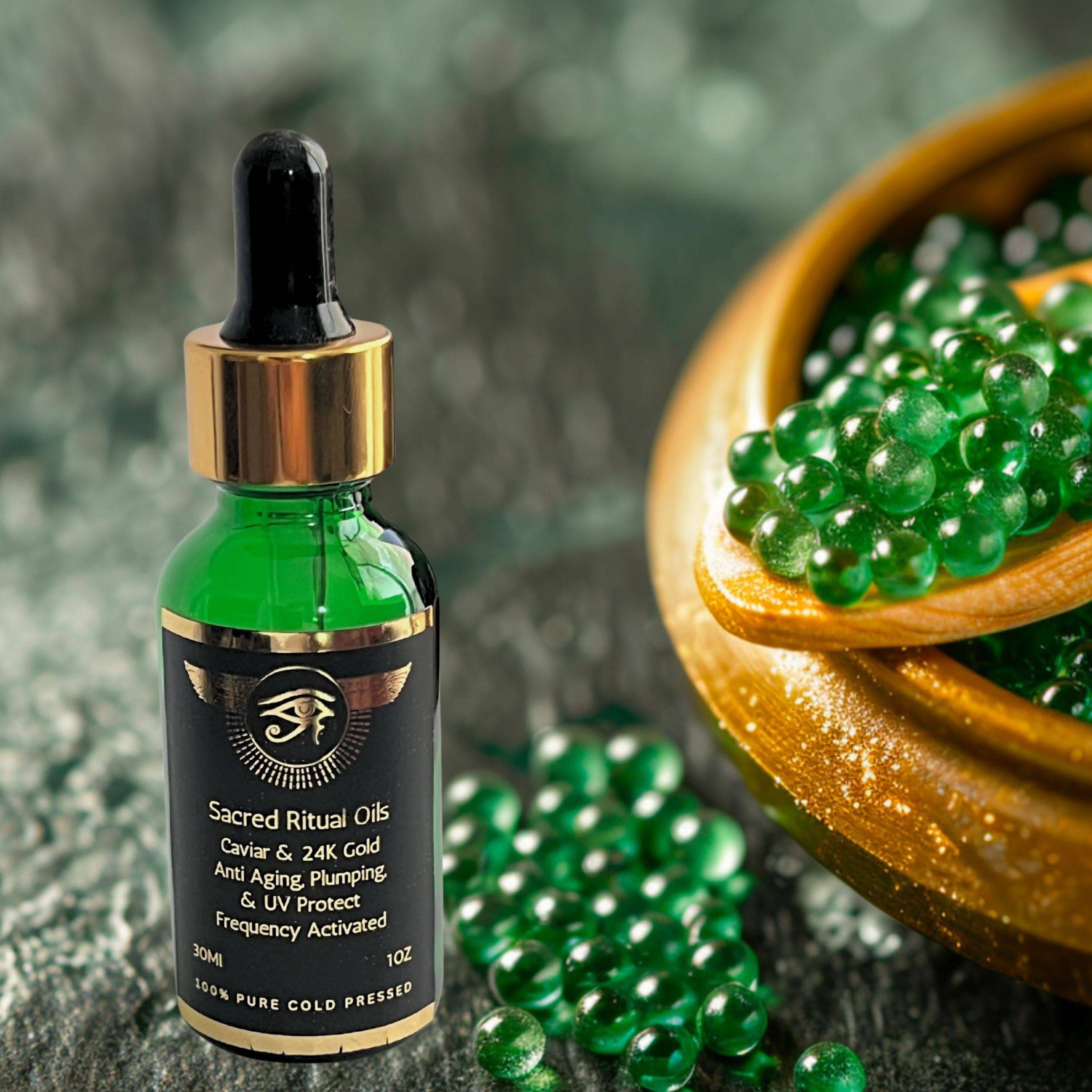 Sacred Ritual Oils green caviar skincare serum in green bottle with dropper and green caviar beads in wooden bowl
